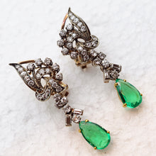 Vintage earrings ear pendants gold diamonds emeralds Dangle earrings c1950 (7603)