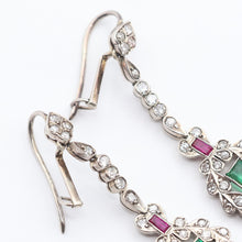 Antique Art Deco earrings ear pendants diamonds emeralds rubies silver (7604)