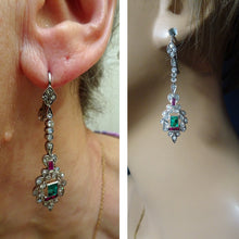 Antique Art Deco earrings ear pendants diamonds emeralds rubies silver (7604)