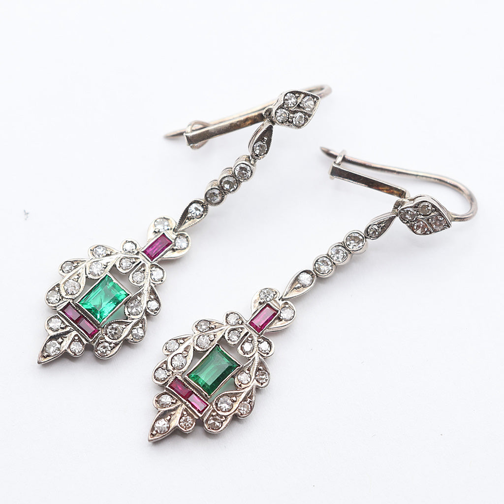 Antique Art Deco earrings ear pendants diamonds emeralds rubies silver