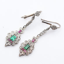 Antique Art Deco earrings ear pendants diamonds emeralds rubies silver