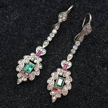 Antique Art Deco earrings ear pendants diamonds emeralds rubies silver (7604)