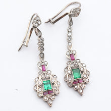 Antique Art Deco earrings ear pendants diamonds emeralds rubies silver (7604)