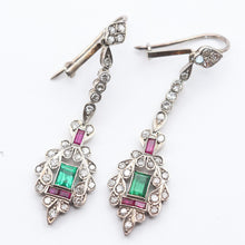 Antique Art Deco earrings ear pendants diamonds emeralds rubies silver (7604)