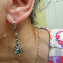 Antique Art Deco earrings ear pendants diamonds emeralds rubies silver (7604)