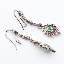 Antique Art Deco earrings ear pendants diamonds emeralds rubies silver (7604)