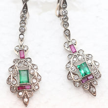 Antique Art Deco earrings ear pendants diamonds emeralds rubies silver (7604)