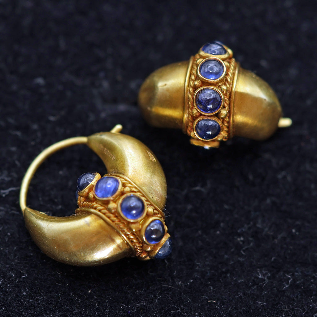 Antique vintage earrings ear hoops high k gold sapphires India (7609)