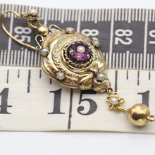 Antique Victorian earrings long ear pendants gold pearls amethysts French (7618)