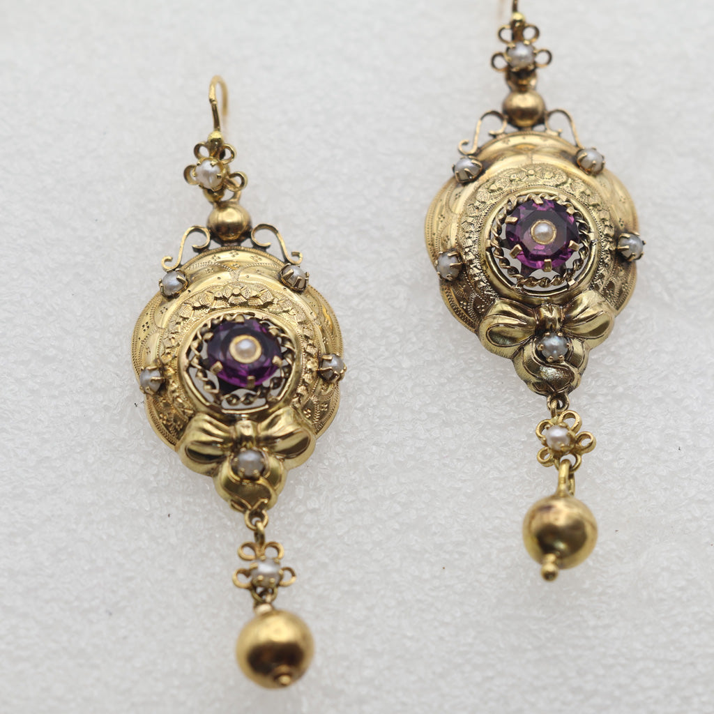Antique Victorian earrings long ear pendants gold pearls amethysts French