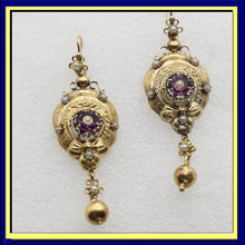 Antique Victorian earrings long ear pendants gold pearls amethysts French (7618)