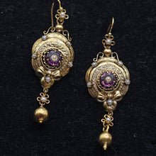 Antique Victorian earrings long ear pendants gold pearls amethysts French