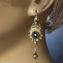 Antique Victorian earrings long ear pendants gold pearls amethysts French (7618)