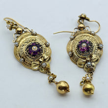 Antique Victorian earrings long ear pendants gold pearls amethysts French (7618)