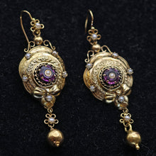 Antique Victorian earrings long ear pendants gold pearls amethysts French (7618)