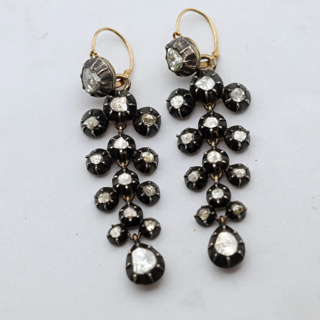 Antique Georgian Earrings diamonds, gold, silver Day Night Top Drop French