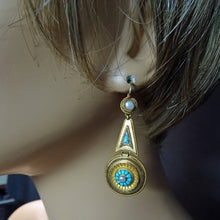Antique Victorian earrings gold turquoise pearls Etruscan Revival French (7670)