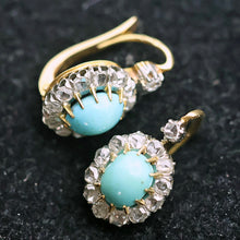 Antique Victorian earrings gold silver diamonds turquoise French sleepers (7690)