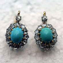 Antique Victorian earrings gold silver diamonds turquoise French sleepers 