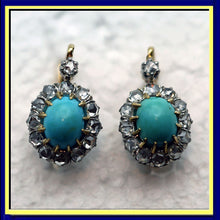 Antique Victorian earrings gold silver diamonds turquoise French sleepers (7690)