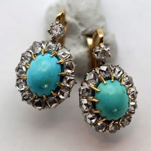 Antique Victorian earrings gold silver diamonds turquoise French sleepers (7690)