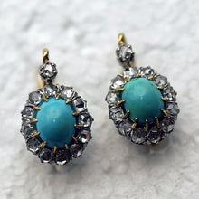 Antique Victorian earrings gold silver diamonds turquoise French sleepers (7690)