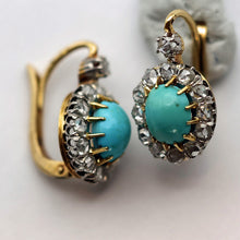 Antique Victorian earrings gold silver diamonds turquoise French sleepers (7690)