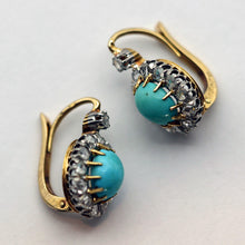 Antique Victorian earrings gold silver diamonds turquoise French sleepers (7690)
