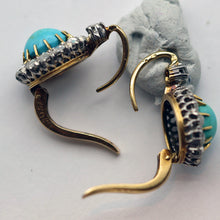 Antique Victorian earrings gold silver diamonds turquoise French sleepers (7690)