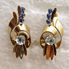 TIFFANY & CO Vintage Retro earrings 14k gold sapphires aquamarine ear clips(7695)