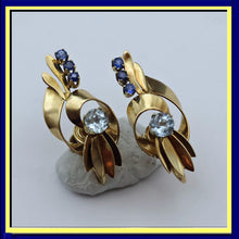 TIFFANY & CO Vintage Retro earrings 14k gold sapphires aquamarine ear clips(7695)