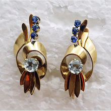 TIFFANY & CO Vintage Retro earrings 14k gold sapphires aquamarine ear clips(7695)