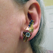 TIFFANY & CO Vintage Retro earrings 14k gold sapphires aquamarine ear clips(7695)