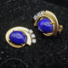 RAYMOND YARD Vintage Retro Ear Clips Earrings Gold Diamonds Lapis Lazuli (7696)