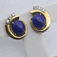 RAYMOND YARD Vintage Retro Ear Clips Earrings Gold Diamonds Lapis Lazuli (7696)