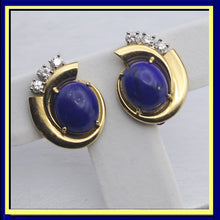 RAYMOND YARD Vintage Retro Ear Clips Earrings Gold Diamonds Lapis Lazuli (7696)