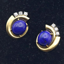 RAYMOND YARD Vintage Retro Ear Clips Earrings Gold Diamonds Lapis Lazuli (7696)