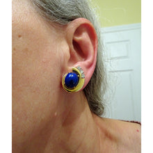 RAYMOND YARD Vintage Retro Ear Clips Earrings Gold Diamonds Lapis Lazuli (7696)