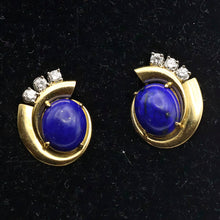 RAYMOND YARD Vintage Retro Ear Clips Earrings Gold Diamonds Lapis Lazuli (7696)