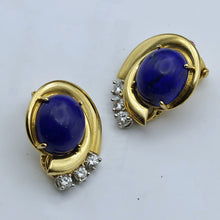 RAYMOND YARD Vintage Retro Ear Clips Earrings Gold Diamonds Lapis Lazuli (7696)