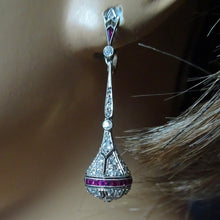 Art Deco Earrings Ear Pendants Diamonds Rubies Platinum Gold Dangle Drop (7699)