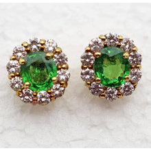 Vintage 18k Gold Tsavorite Garnet Diamond Flower Earrings Rare Green Gems (7705)