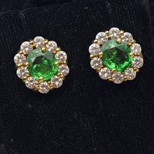 Vintage 18k Gold Tsavorite Garnet Diamond Flower Earrings Rare Green Gems (7705)