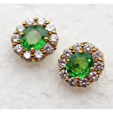 Vintage 18k Gold Tsavorite Garnet Diamond Flower Earrings Rare Green Gems (7705)