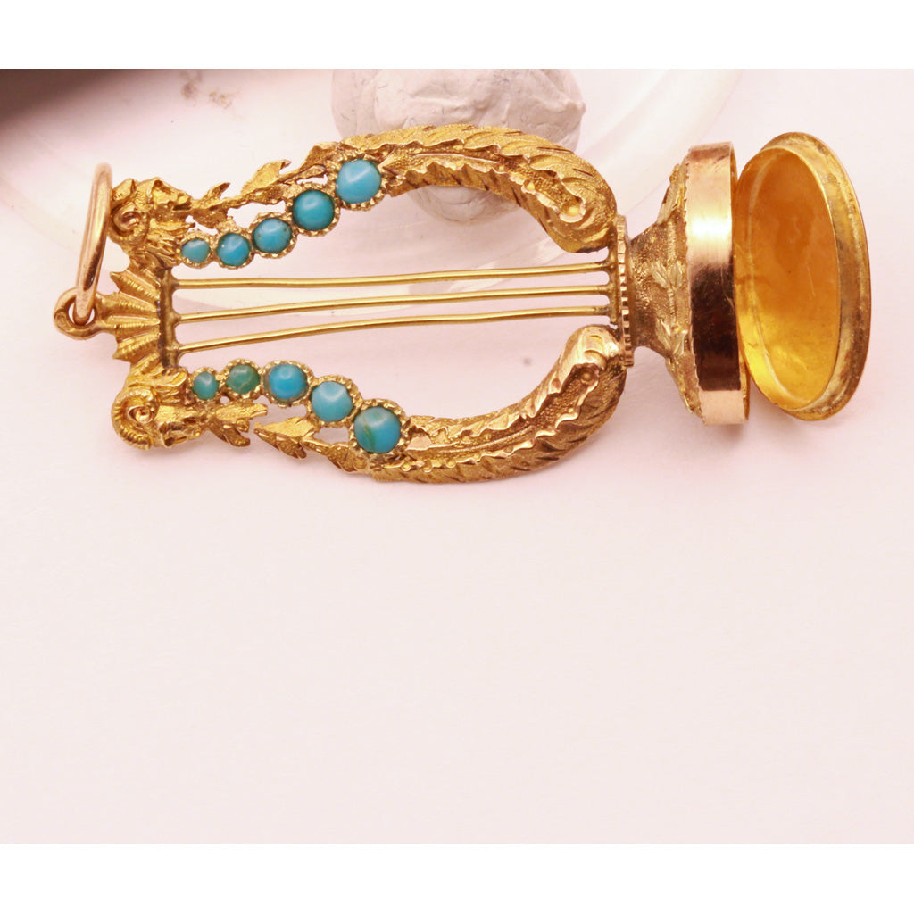 Antique Georgian Fob Pendant w compartment Gold Turquoise Lyre French Rams(7364)