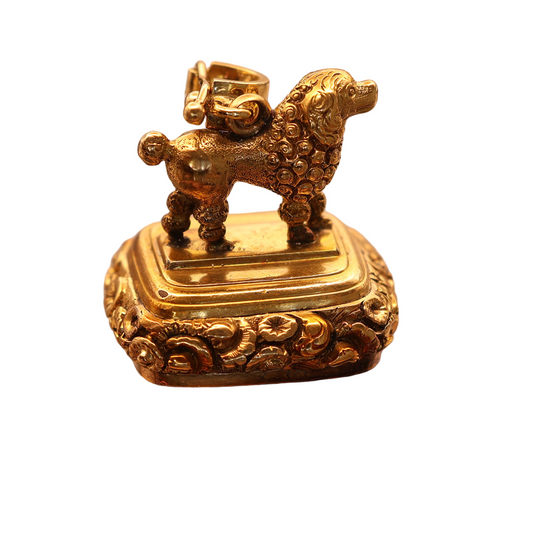 Antique Georgian fob seal poodle dog 18k gold carnelian intaglio repousse (7565)