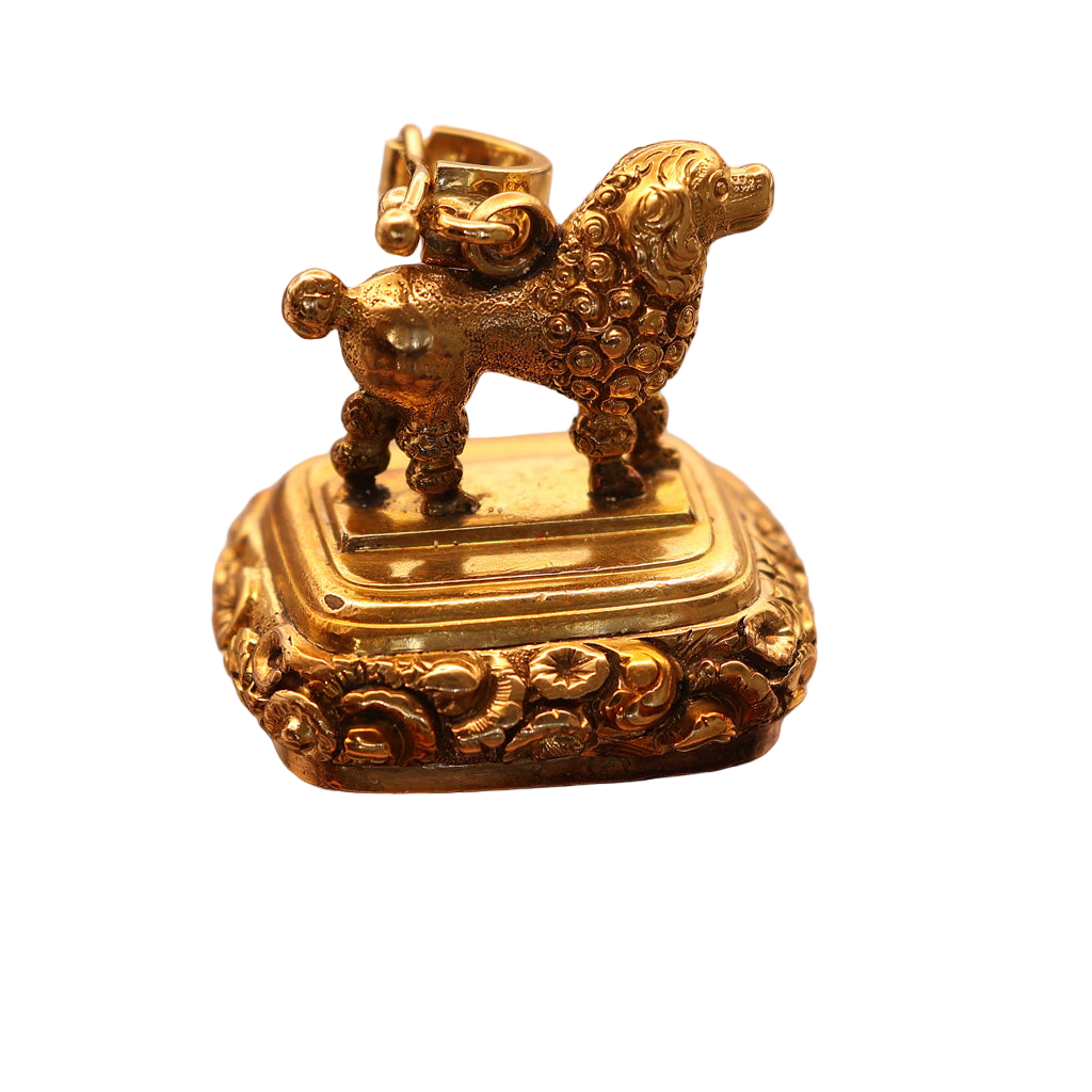 Antique Georgian fob seal poodle dog 18k gold carnelian intaglio repousse (7565)