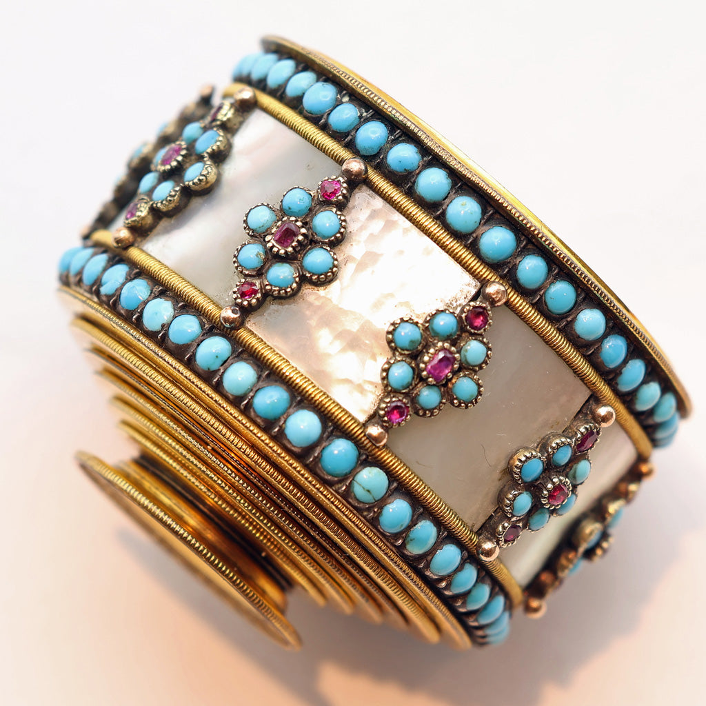 Antique Georgian opera glass spyglass gold gilt turquoise gems MOP French (7520)