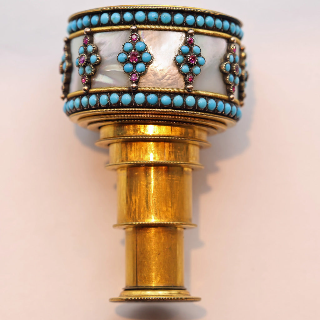 white background Antique Georgian opera glass spyglass gold gilt turquoise gems MOP French
