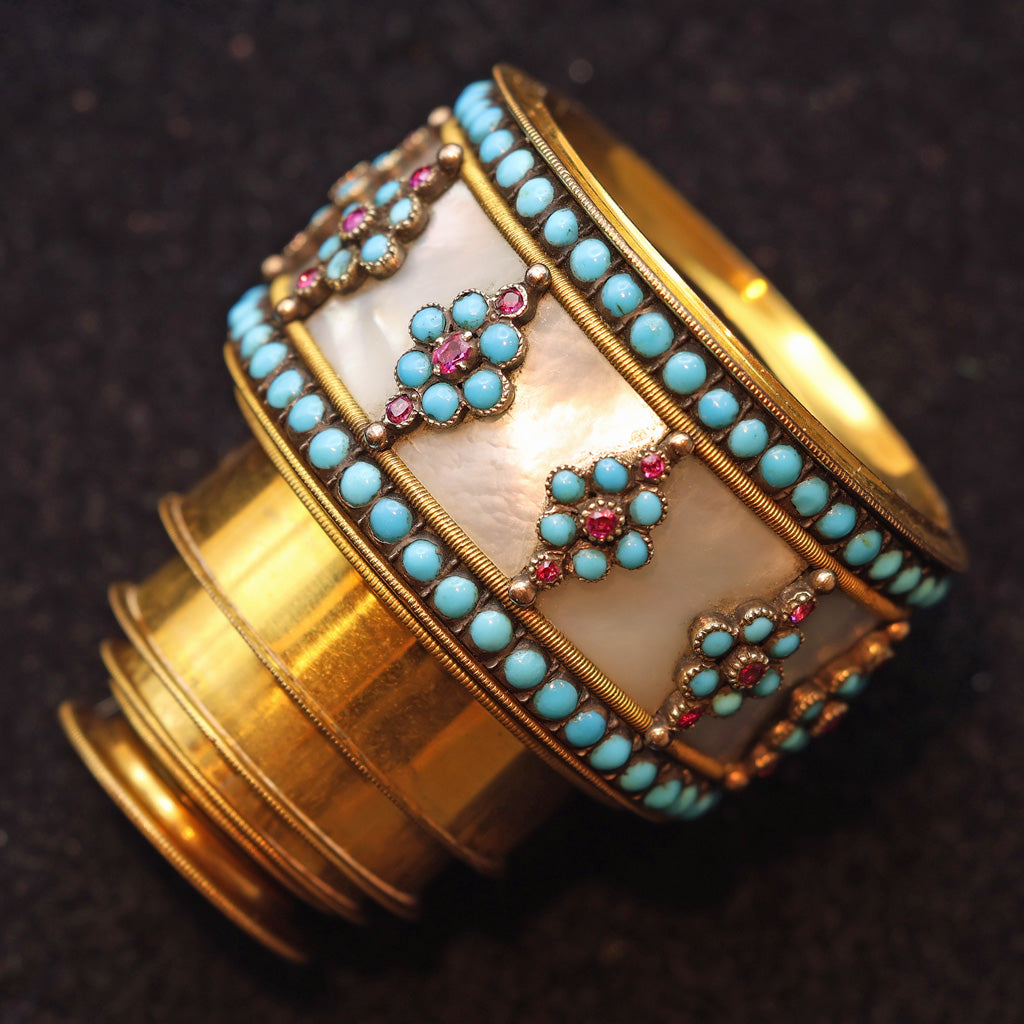 Antique Georgian opera glass spyglass gold gilt turquoise gems MOP French (7520)